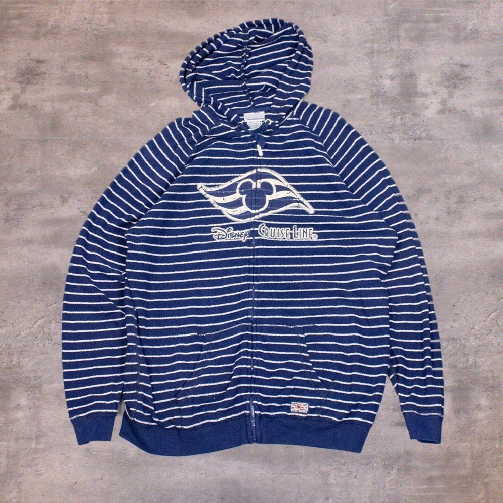 Y2K 2000's Disney Cruse Line Mickey Mouse Stripped Oversize Core Navy Zip Hoodie